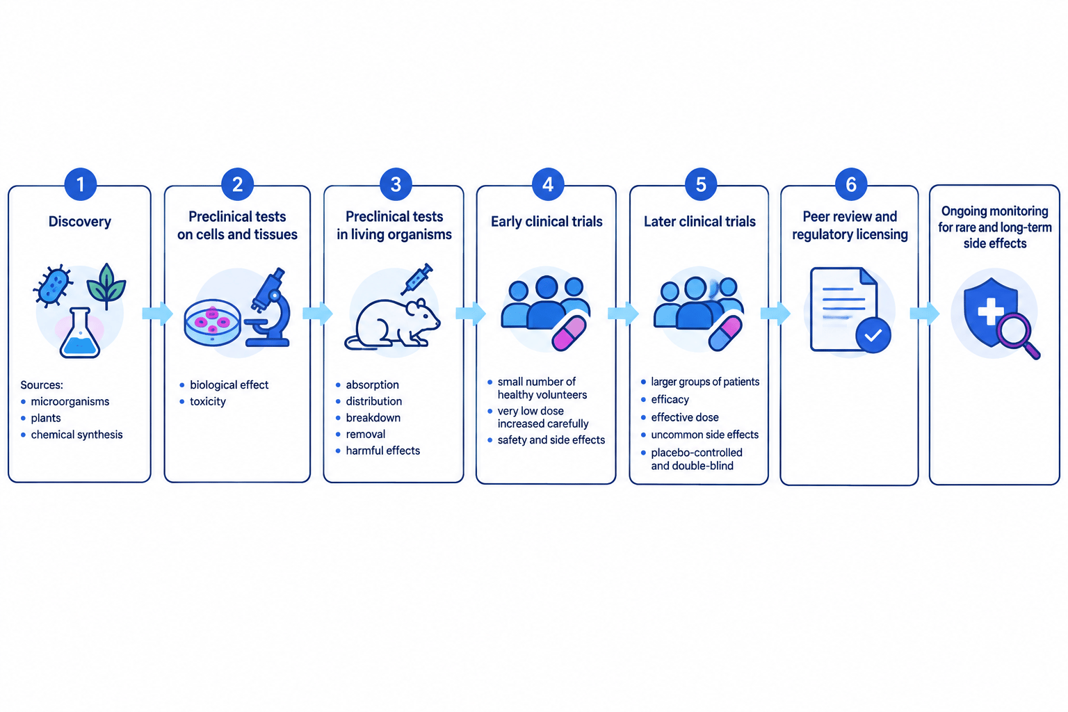 Flowchart showing medicine development from discovery through preclinical and clinical testing to licensing and ongoing monitoring