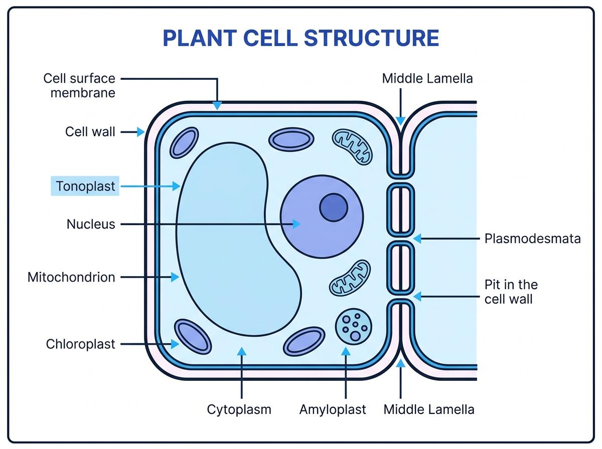 Annotated plant cell showing cell wall, cell surface membrane, large vacuole, tonoplast, chloroplasts, amyloplast, plasmodesmata, middle lamella and a pit in the cell wall