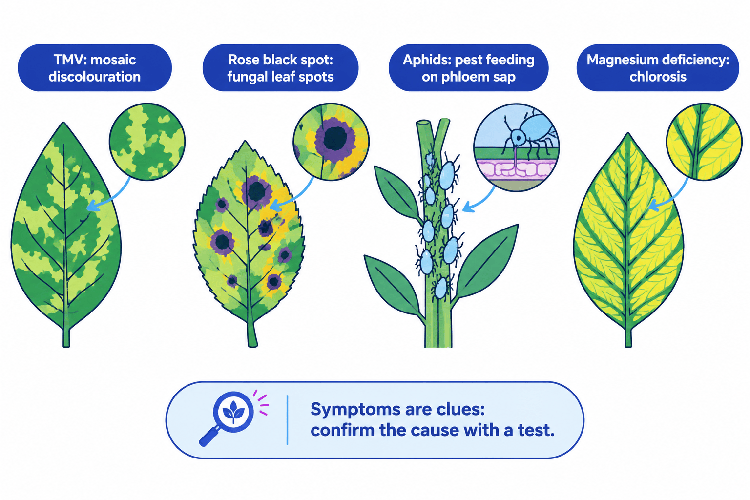 Comparison of TMV mosaic discolouration, rose black spot, aphids feeding on phloem sap, and magnesium-deficiency chlorosis