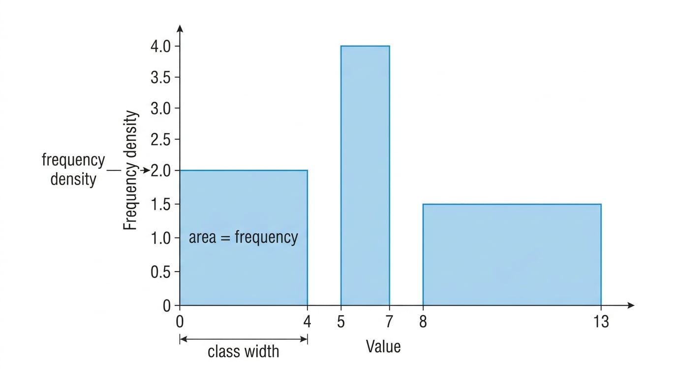 Histogram with unequal class widths labelled to show class width, frequency density, and that area represents frequency