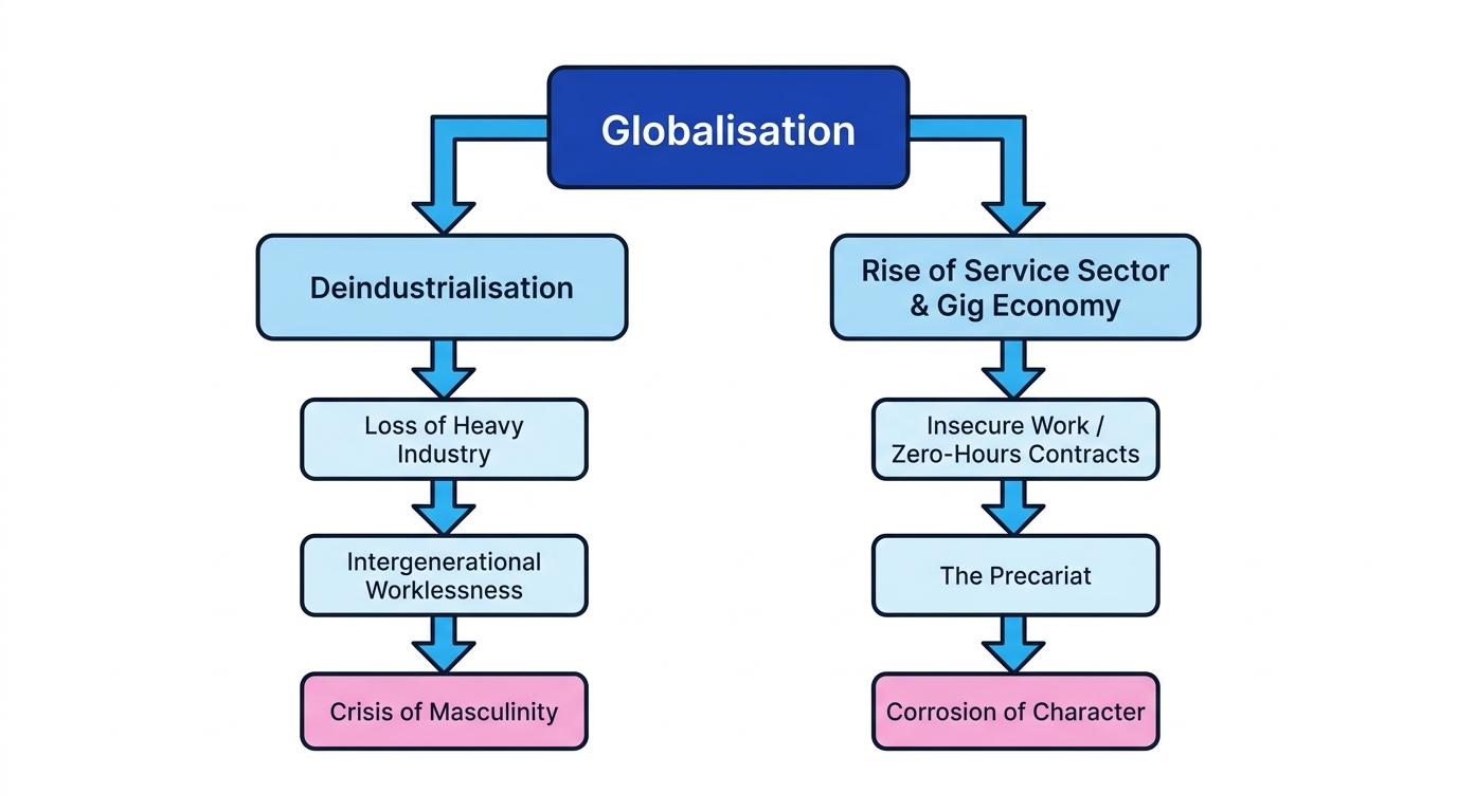 Diagram showing the twin impacts of globalisation: deindustrialisation on the left and the rise of the service and gig economy on the right.