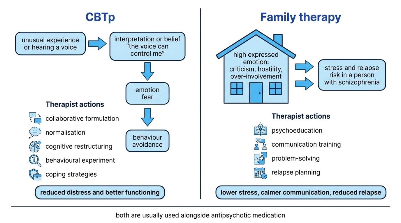 Side-by-side comparison of CBTp moving from unusual experience to belief, fear, and avoidance, and family therapy linking high expressed emotion to stress and relapse, with therapist actions labelled