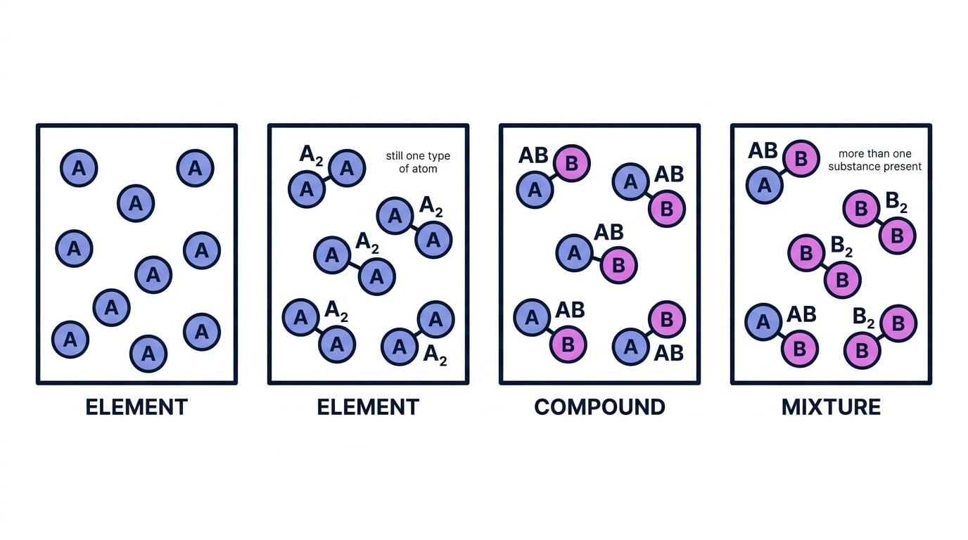 Particle diagrams comparing an element of single atoms, an element of diatomic molecules, a compound of AB particles, and a mixture containing AB and B2 particles