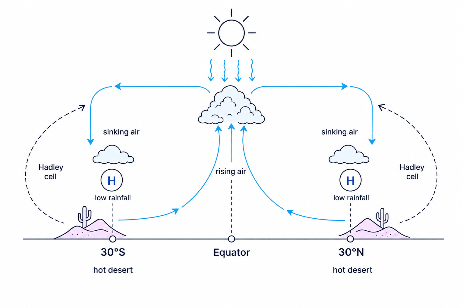 Cross-section of Hadley cells with rising air at the Equator and sinking dry air at 30° north and south forming hot deserts