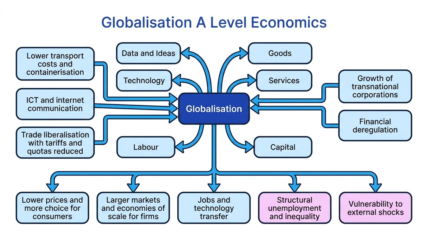 Concept map of globalisation showing drivers such as containerisation and ICT, flows such as goods, services, capital and labour, and effects such as lower prices, economies of scale and external shocks