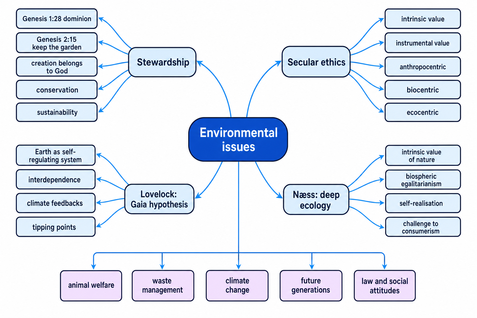 Concept map showing environmental issues linked to stewardship, secular ethics, Lovelock's Gaia hypothesis, Næss's deep ecology, and applications such as animal welfare, waste management, climate change, future generations, and law and social attitudes