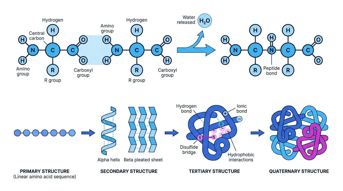 Amino acid condensation reaction and protein structure hierarchy from primary to quaternary structure
