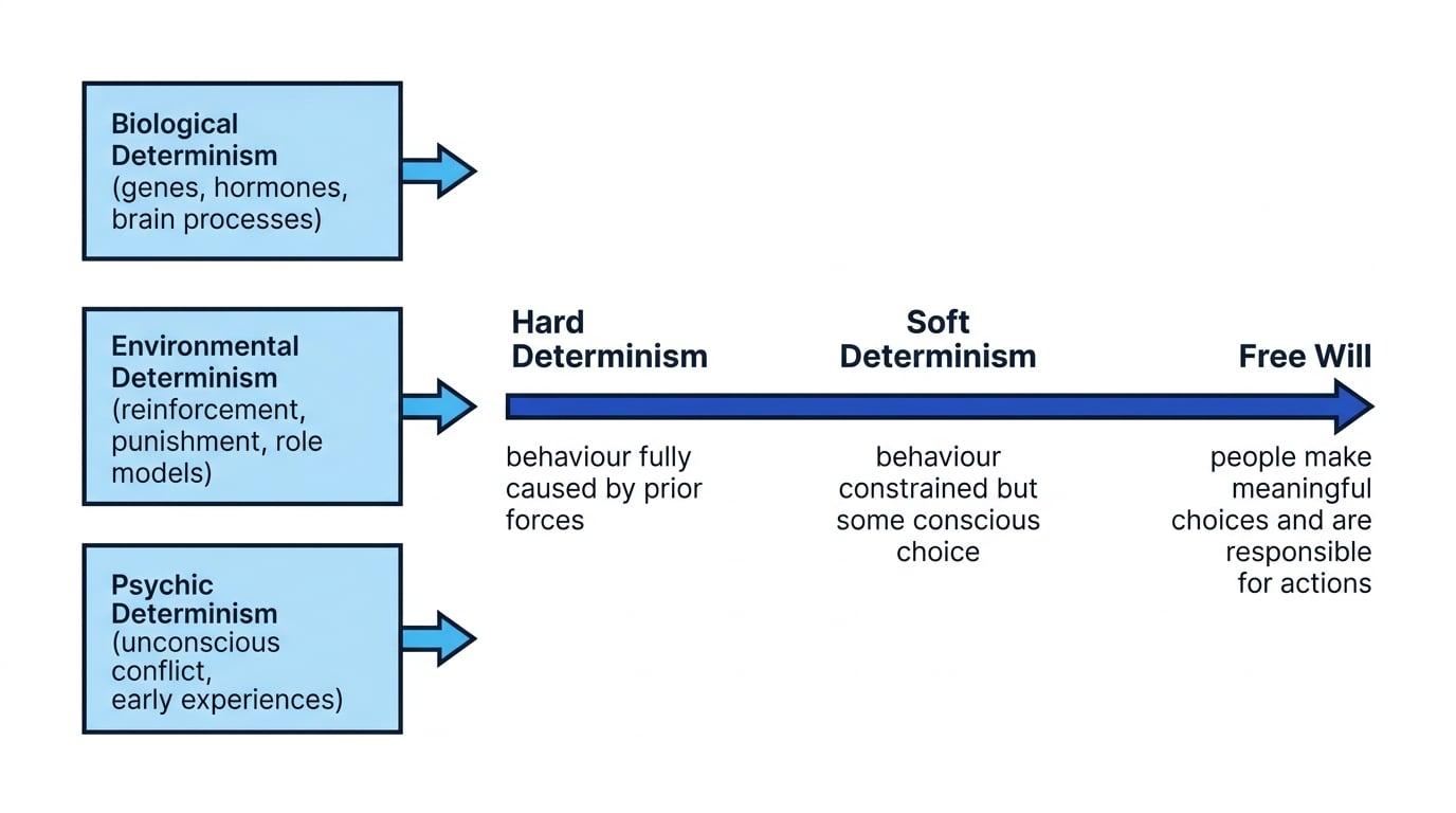 Continuum from hard determinism to free will with biological, environmental and psychic determinism feeding into the deterministic side