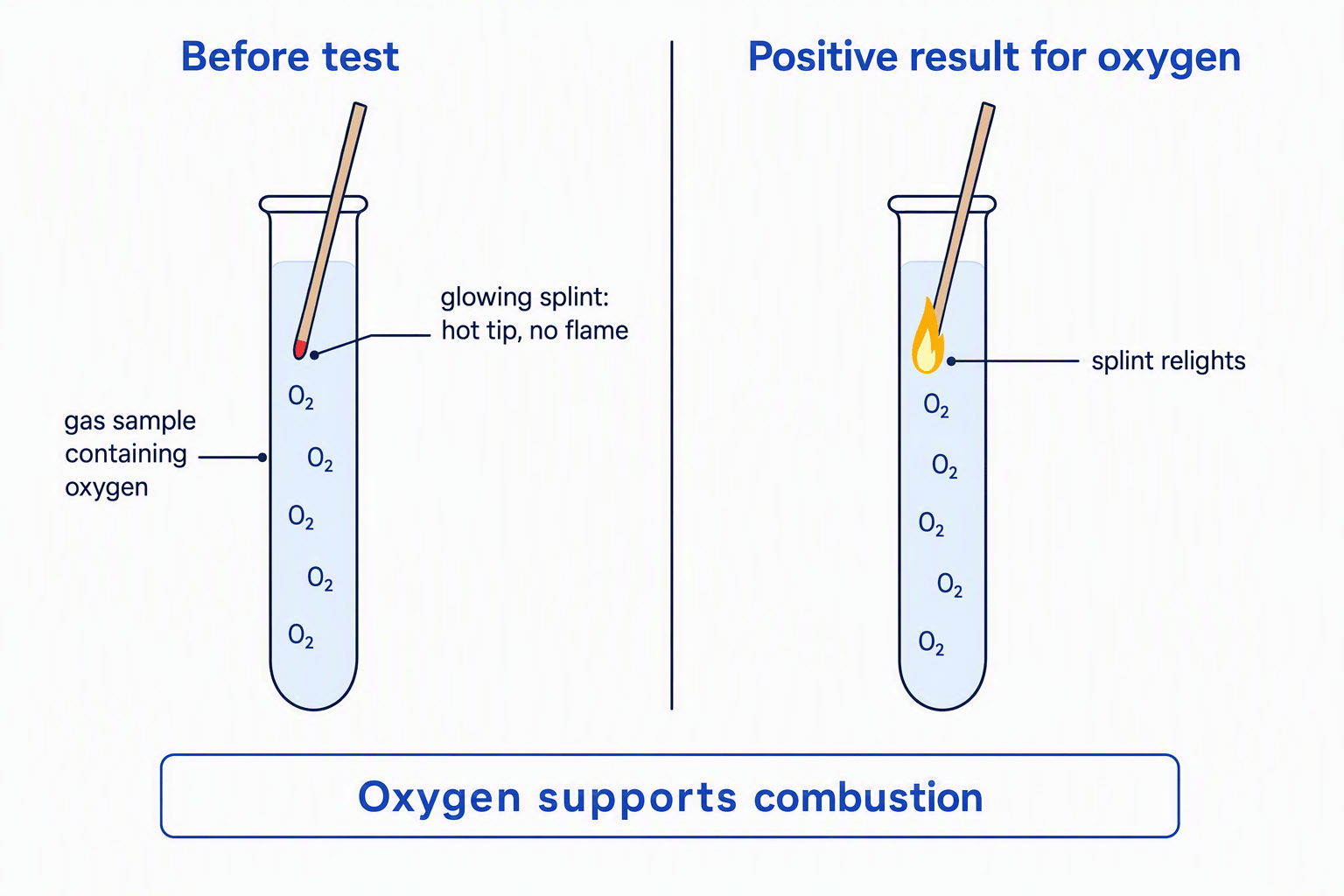 A chemistry test showing a glowing splint lowered into a gas sample and relighting in oxygen