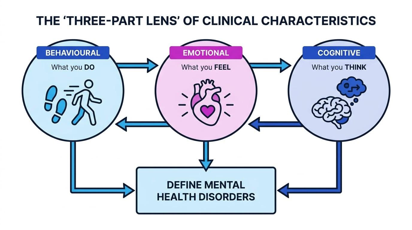 Concept map showing the Three-Part Lens: Behavioural (What you do), Emotional (What you feel), and Cognitive (What you think)