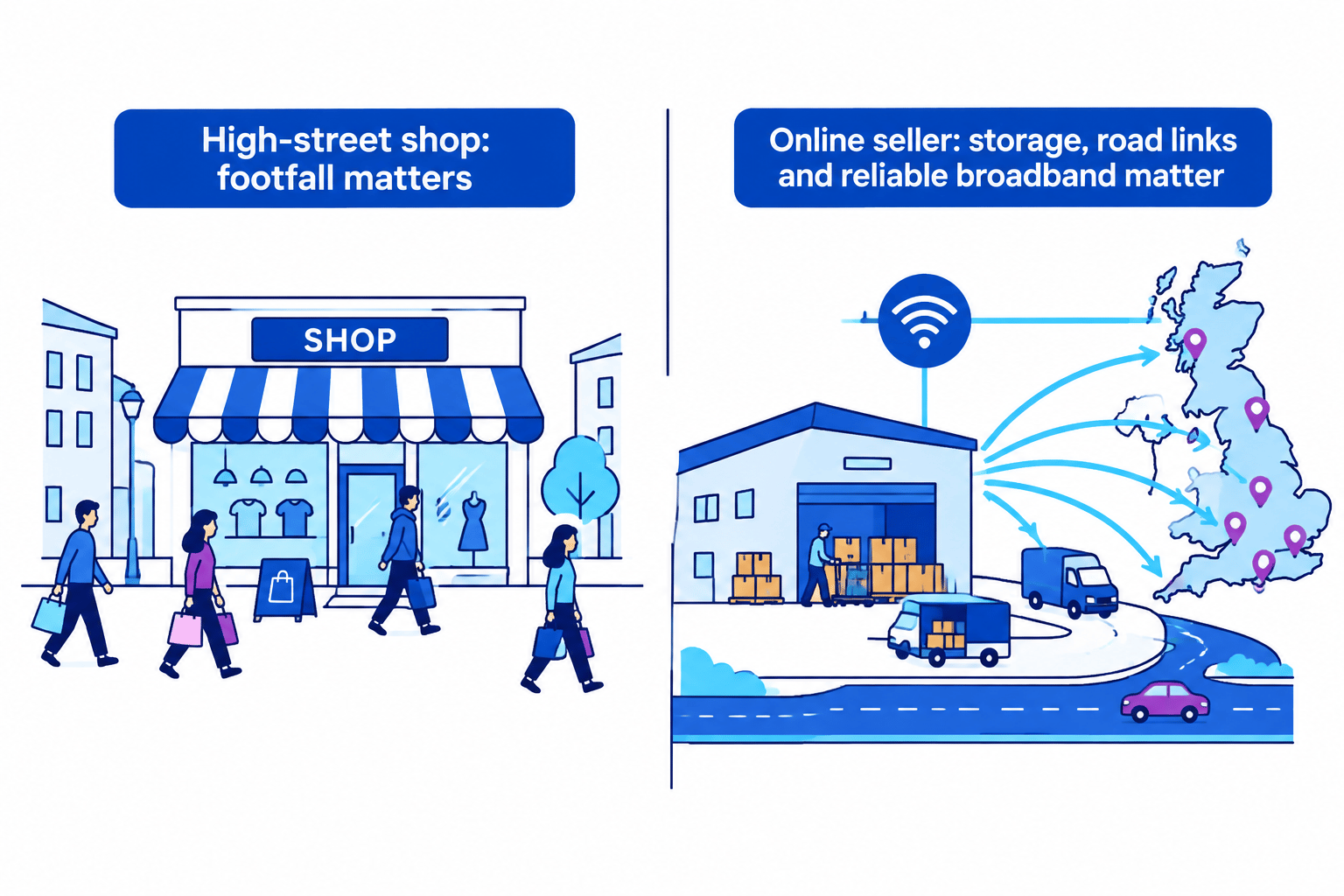 Comparison of a high-street shop relying on footfall with an online warehouse relying on storage, road links and reliable broadband