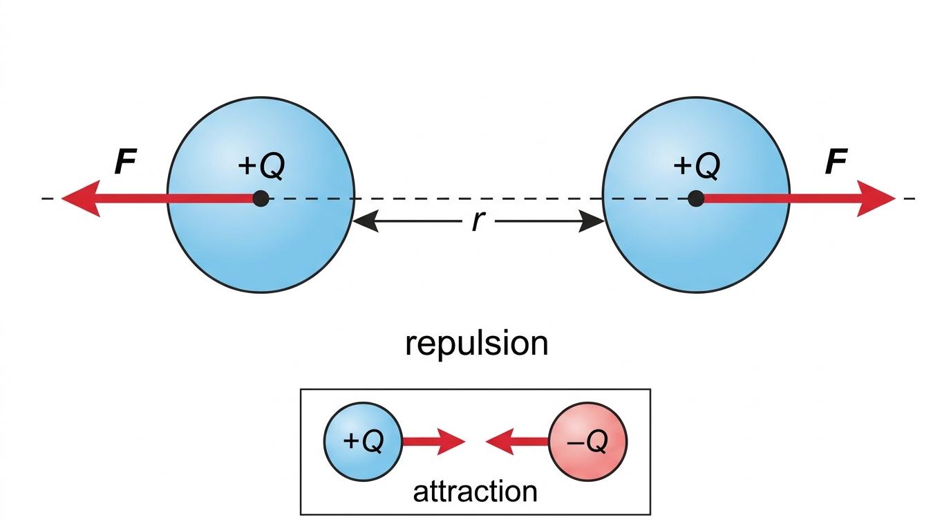 Two uniformly charged spheres with centre-to-centre separation r and force arrows showing repulsion, plus an inset showing attraction for opposite charges