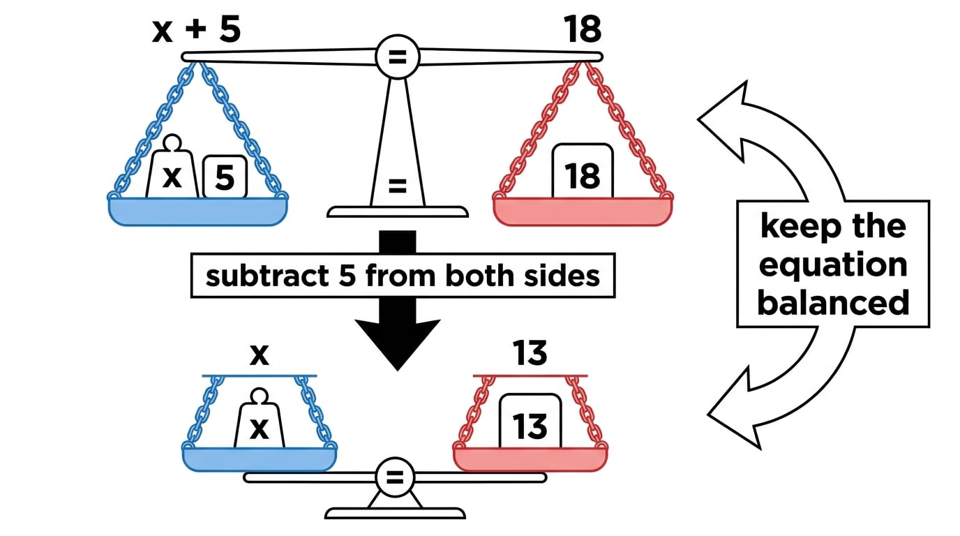 Balance scale showing x + 5 = 18 balanced, then subtracting 5 from both sides to get x = 13