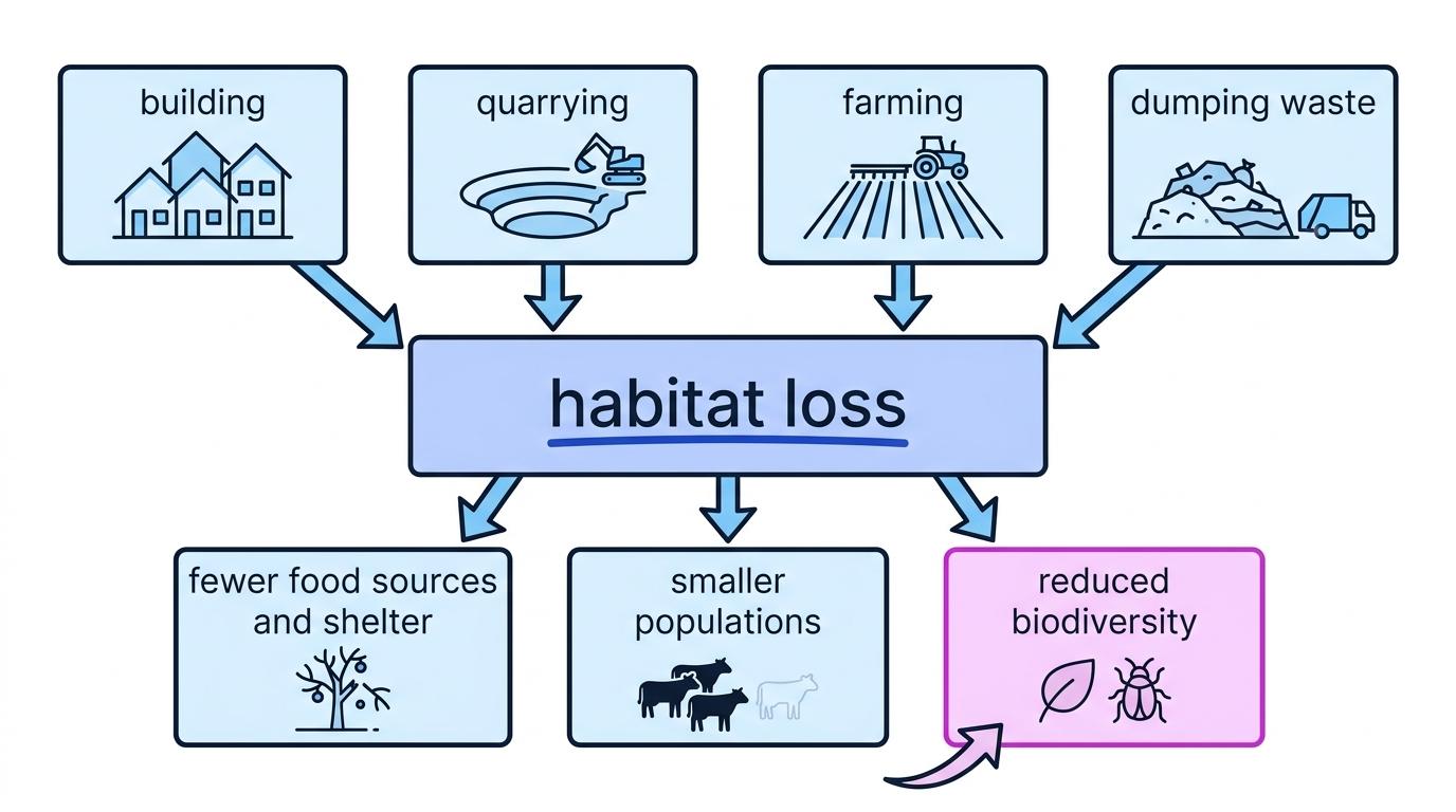 Flowchart showing building, quarrying, farming and dumping waste leading to habitat loss, fewer food sources and shelter, smaller populations, and reduced biodiversity