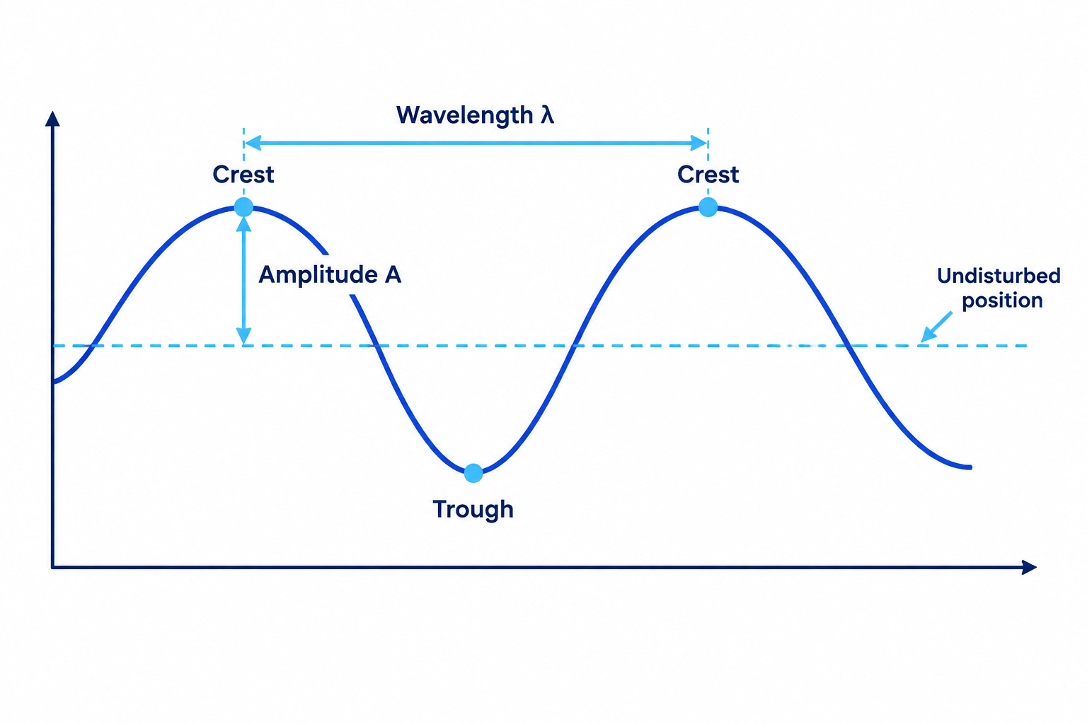 Transverse wave with the undisturbed position, crest, trough, amplitude and wavelength labelled