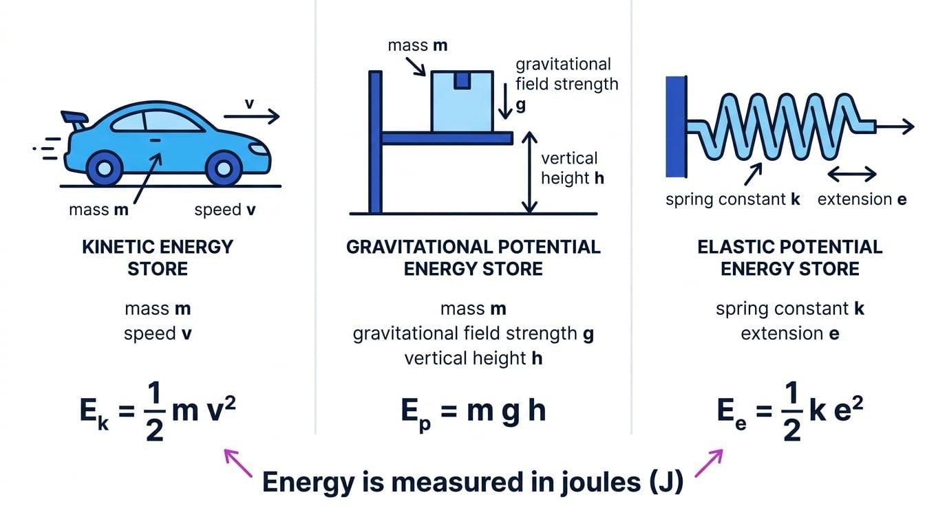 Overview of kinetic, gravitational potential and elastic potential energy stores with variables and equations labelled