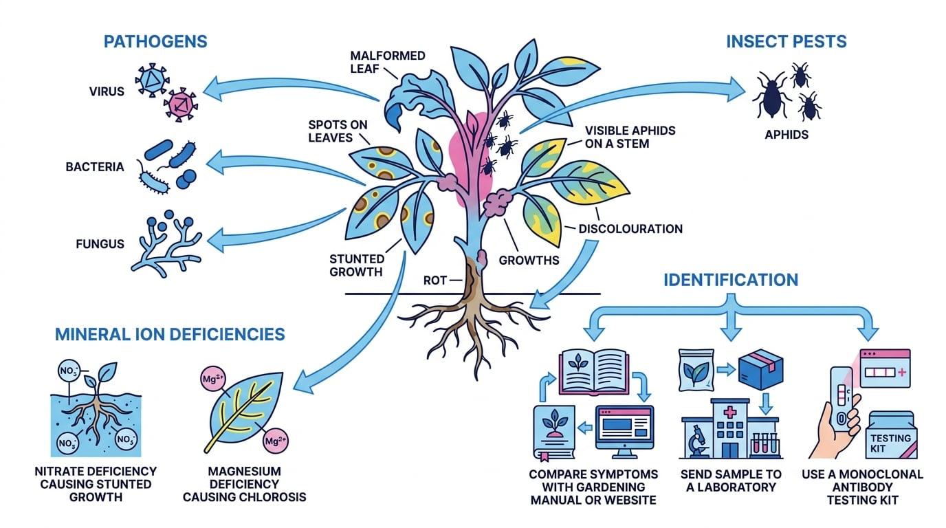 Diagram of an unhealthy plant with symptoms labelled, grouped causes as pathogens, pests, and mineral deficiencies, and three identification routes