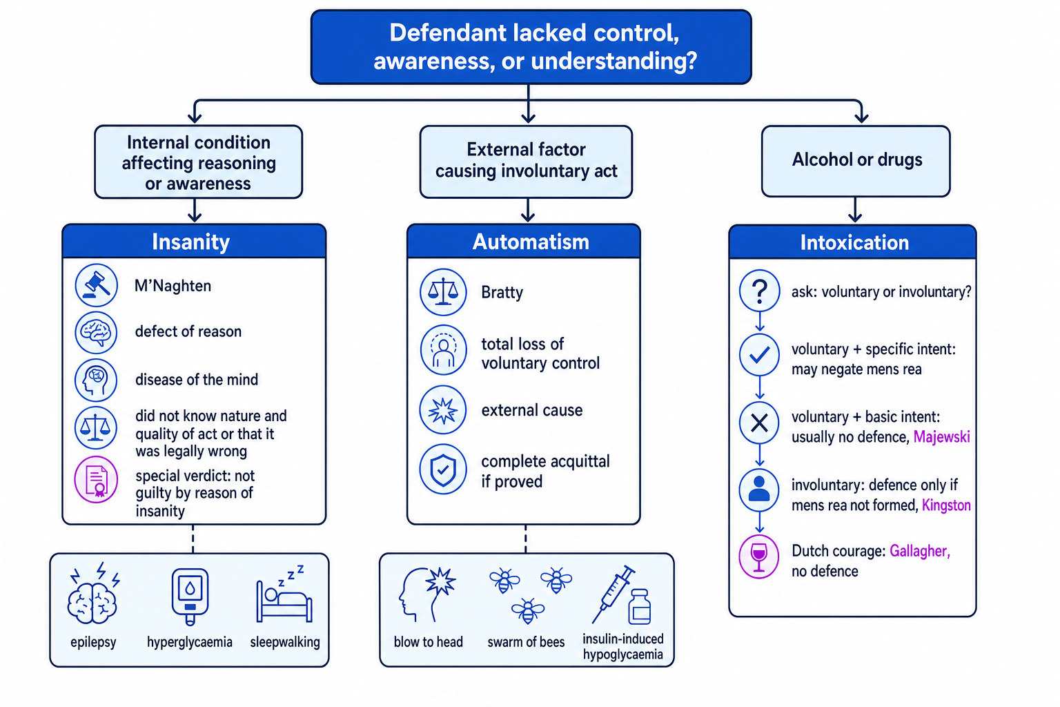 Flowchart choosing between insanity, automatism, and intoxication by asking whether the cause was internal, external, or alcohol or drugs