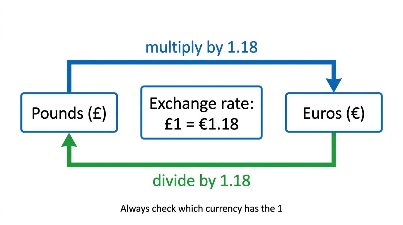Flow diagram showing exchange rate £1 = €1.18, with pounds to euros labelled multiply by 1.18 and euros to pounds labelled divide by 1.18