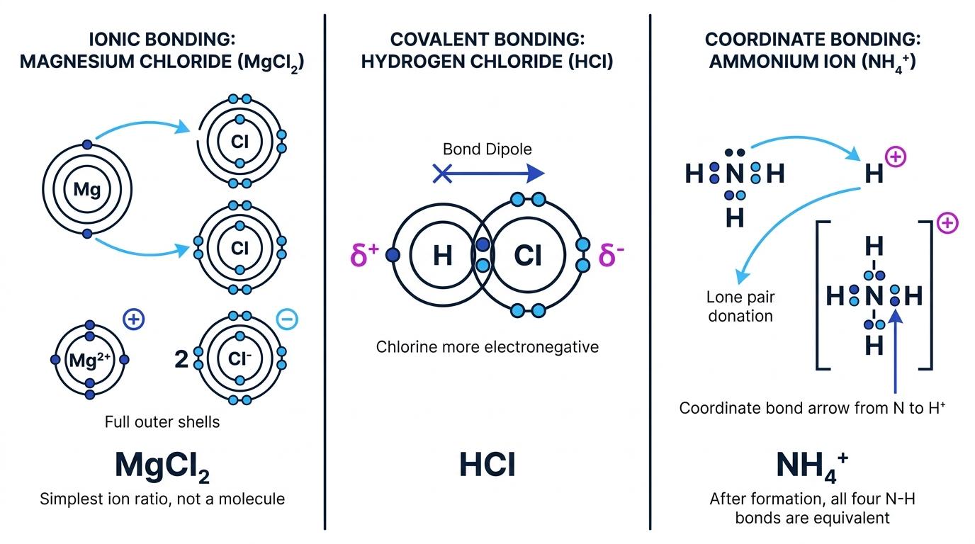 Three-panel bonding figure showing magnesium chloride electron transfer to form Mg^{2+} and two Cl^{-} ions, polar covalent HCl with delta charges and bond dipole, and NH_3 donating a lone pair to H^{+} to form NH_4^{+}