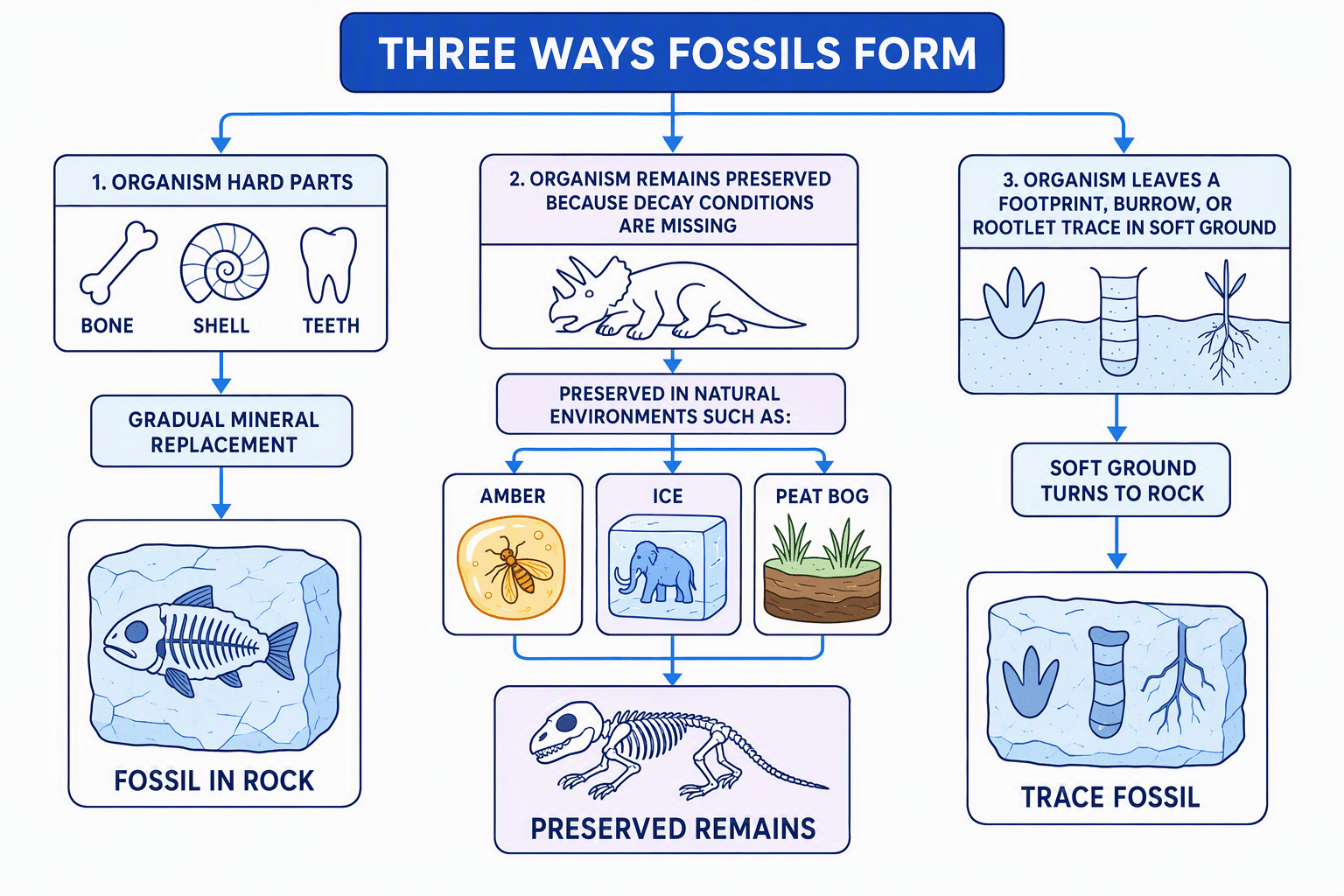 Three ways fossils form: mineral replacement, preservation without decay, and trace fossils