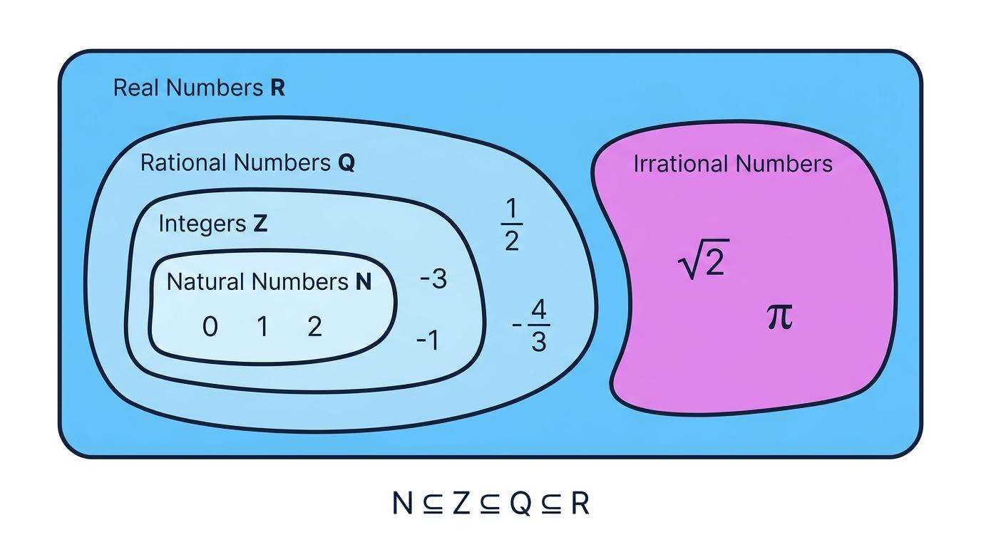 Nested diagram showing natural numbers inside integers, integers inside rational numbers, and irrational numbers as a separate part of the real numbers