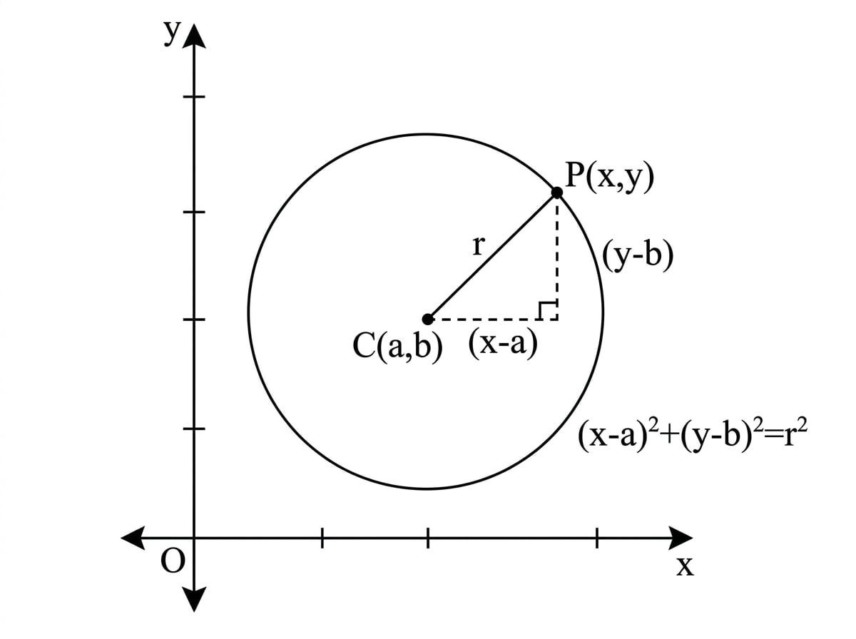 Coordinate diagram of a circle with centre C(a,b), point P(x,y), radius r, and the standard equation labelled