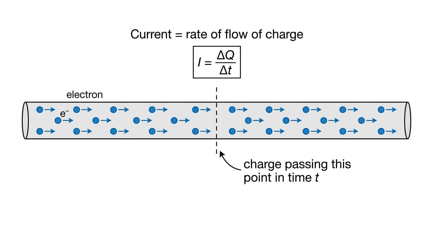 Electrons moving along a wire past a checkpoint line, labelled to show current as the rate of flow of charge