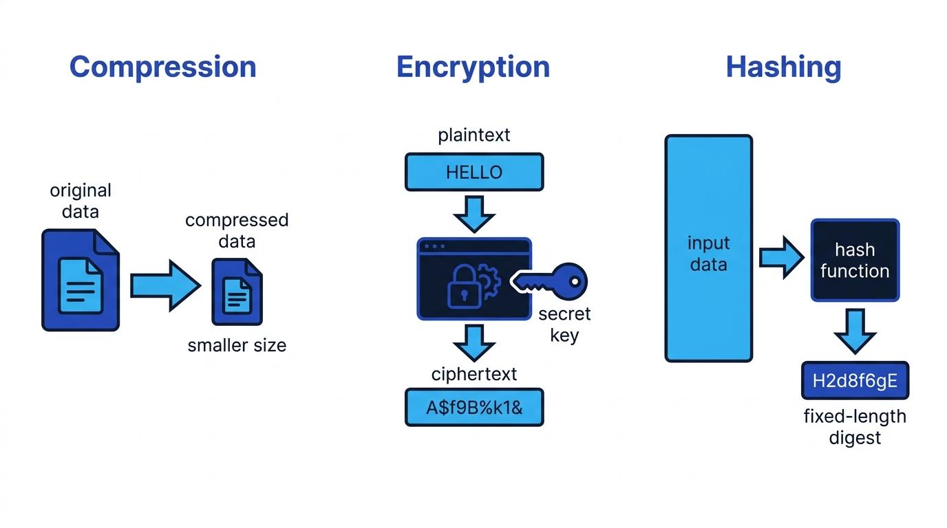 Three-panel comparison of compression shrinking file size, encryption turning plaintext into ciphertext with a key, and hashing producing a fixed-length digest.