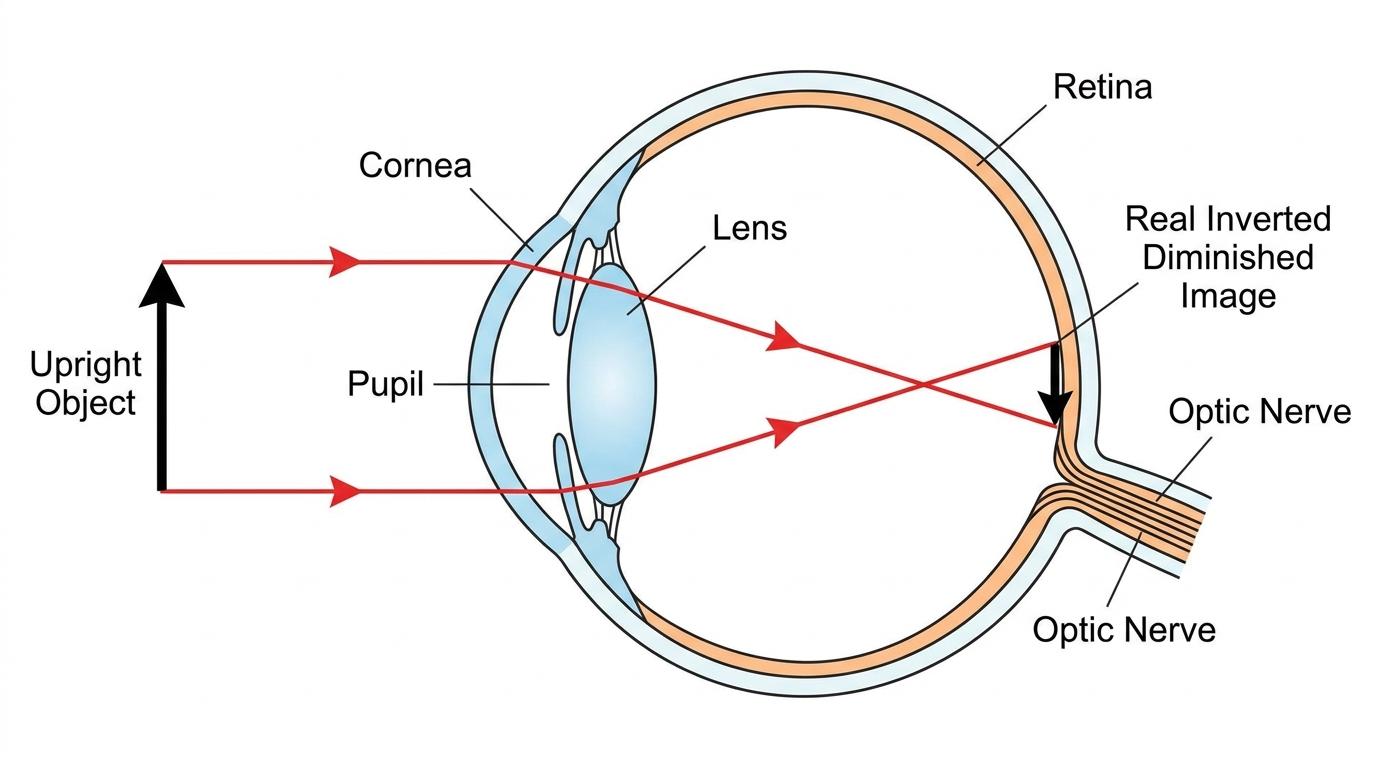 Ray diagram of a human eye showing the cornea and lens focusing light to a real inverted image on the retina