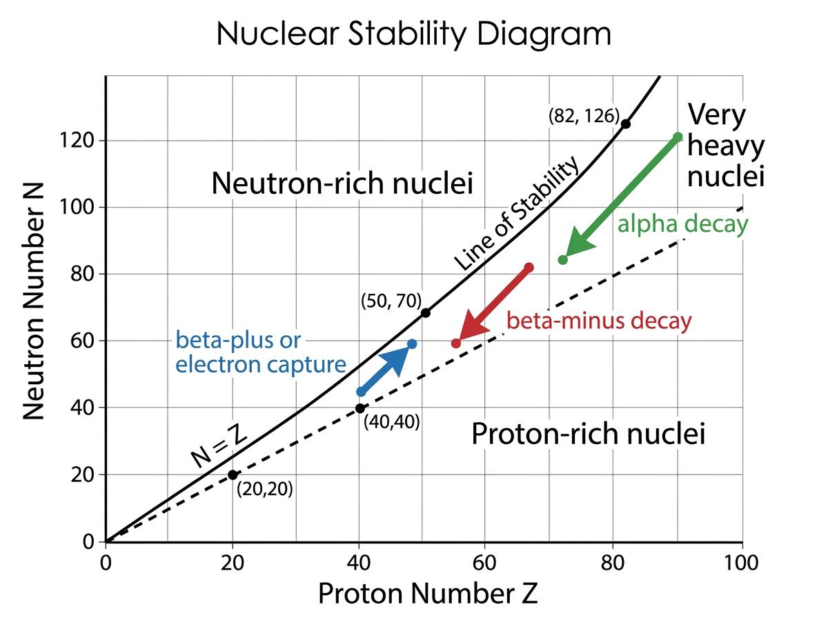 N versus Z graph showing the line of stability, the N = Z line, and arrows for alpha, beta-minus, and beta-plus or electron capture decay