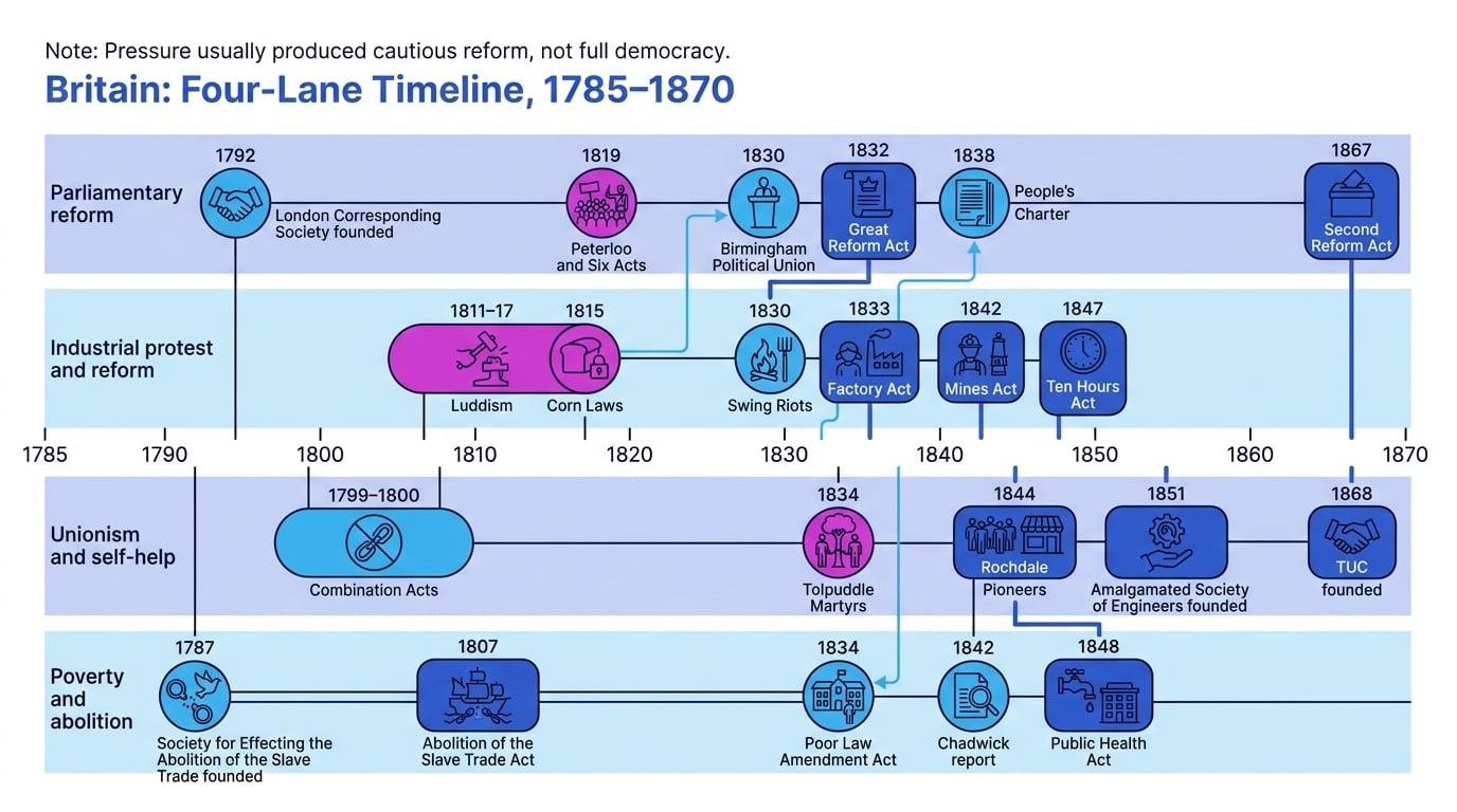 Four-lane timeline of major British reform, protest, union, poor law and abolition events from 1785 to 1870