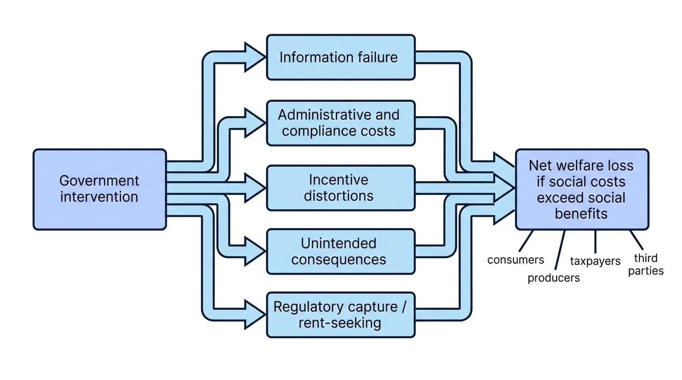 Flowchart showing government intervention leading through information failure, administrative and compliance costs, incentive distortions, unintended consequences, and regulatory capture to net welfare loss for consumers, producers, taxpayers, and third parties