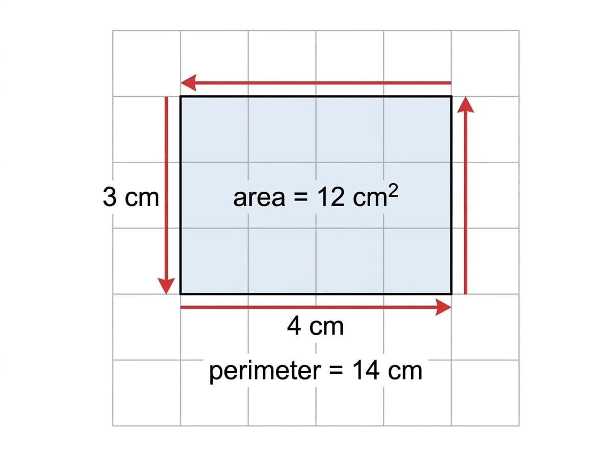 Rectangle on a centimetre grid, 4 cm by 3 cm, with the inside shaded for area and arrows around the outside for perimeter