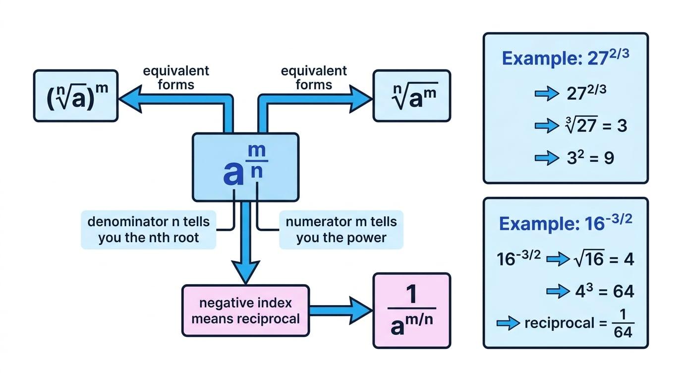 Flow diagram showing that the denominator gives the root, the numerator gives the power, and a negative index means reciprocal