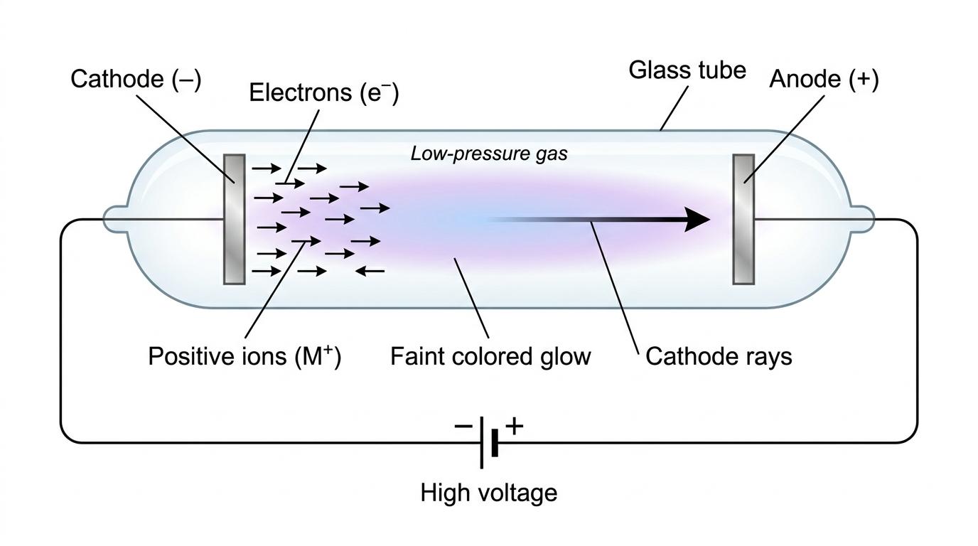 Labelled discharge tube showing low-pressure gas, cathode, anode, electrons moving to the anode and positive ions moving to the cathode