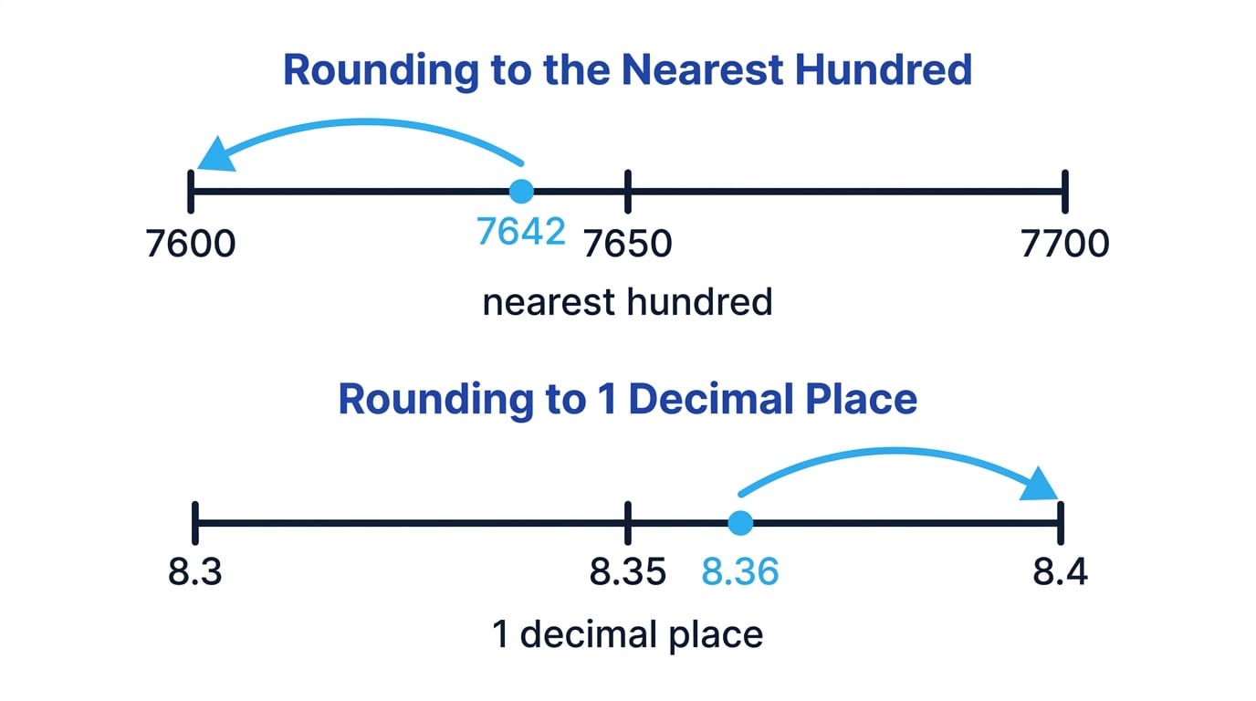 Number lines showing 7642 below 7650 so it rounds to 7600, and 8.36 above 8.35 so it rounds to 8.4