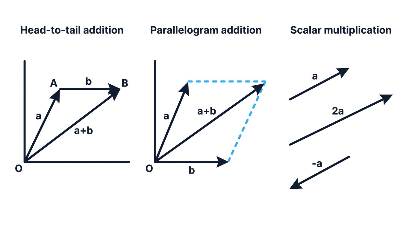 Three vector diagrams showing head-to-tail addition, parallelogram addition and the geometric effects of multiplying a vector by 2 and by negative 1