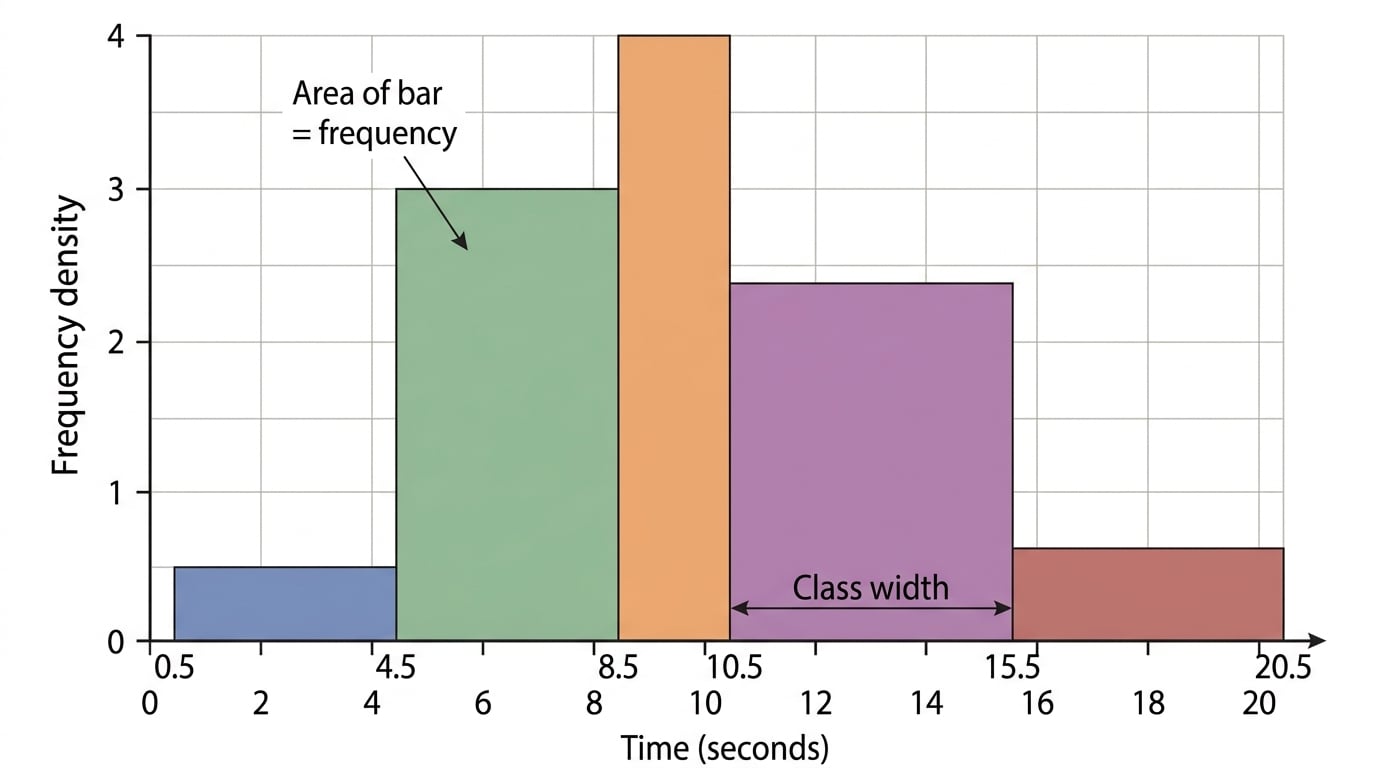 Histogram showing that the area of each bar represents frequency, with class width and frequency density labelled