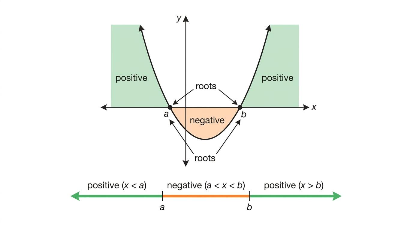 Upward-opening parabola showing positive outside the roots and negative between the roots