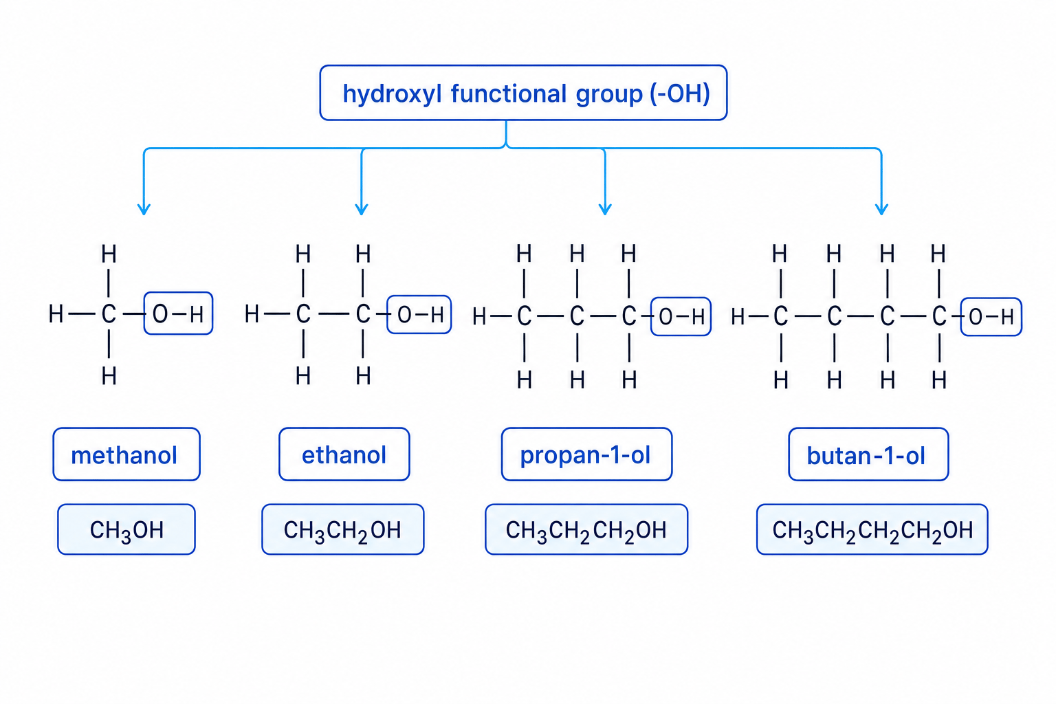 Displayed formulae of methanol, ethanol, propan-1-ol and butan-1-ol with the hydroxyl group labelled