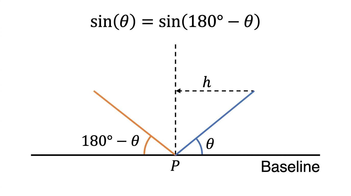 A diagram showing an acute angle and its obtuse supplement having the same sine value