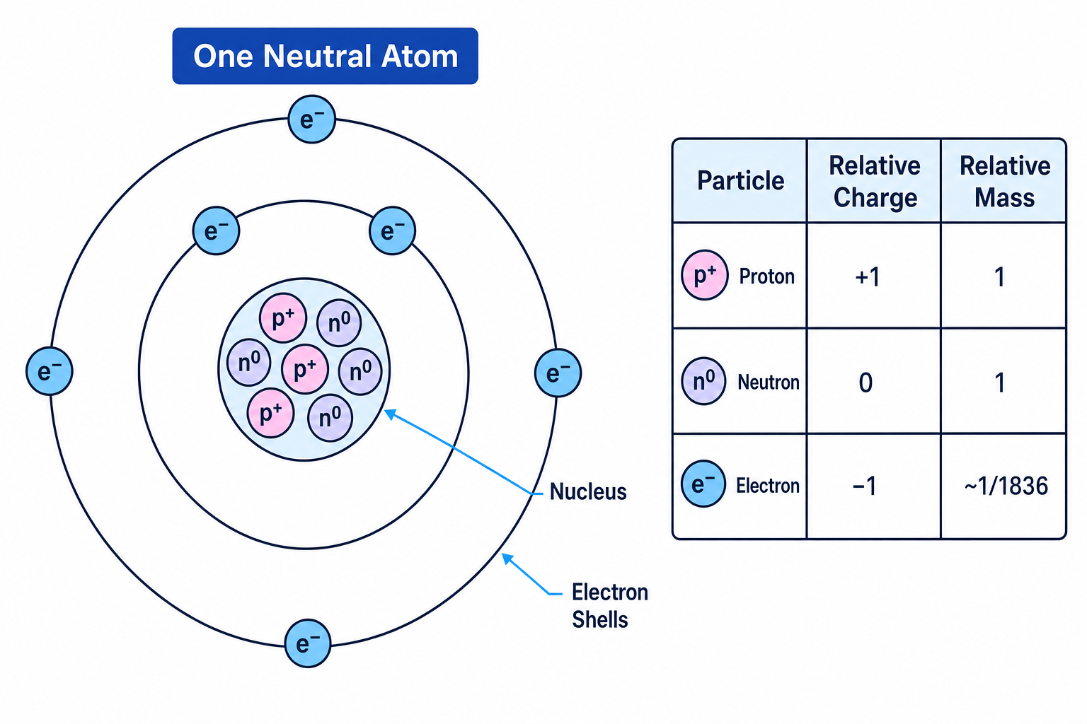 Labelled atom showing nucleus, protons, neutrons, electrons and relative charges/masses