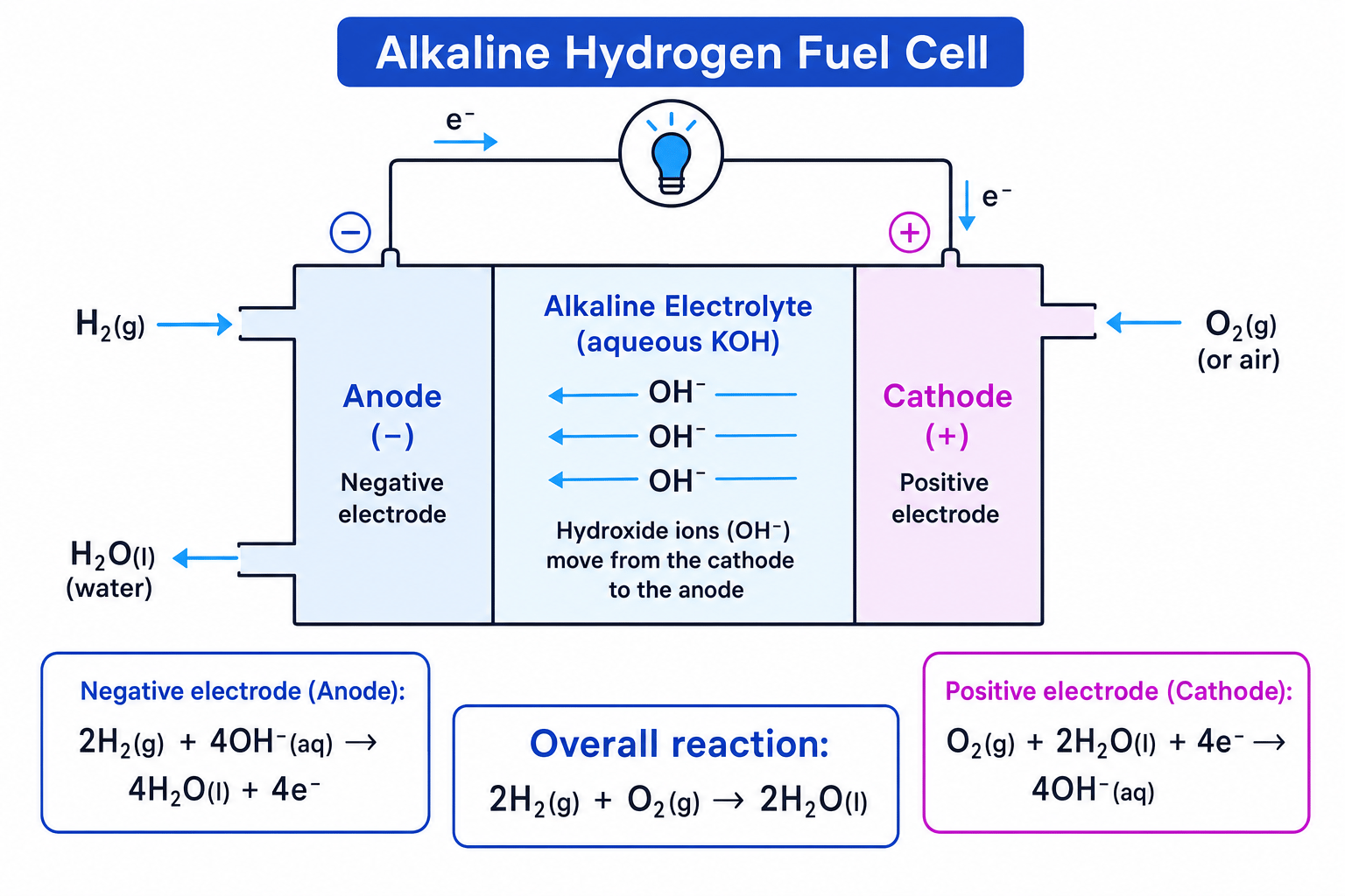 Labelled alkaline hydrogen fuel cell showing hydrogen and oxygen supplies, electron flow, hydroxide ion movement, half equations and water product