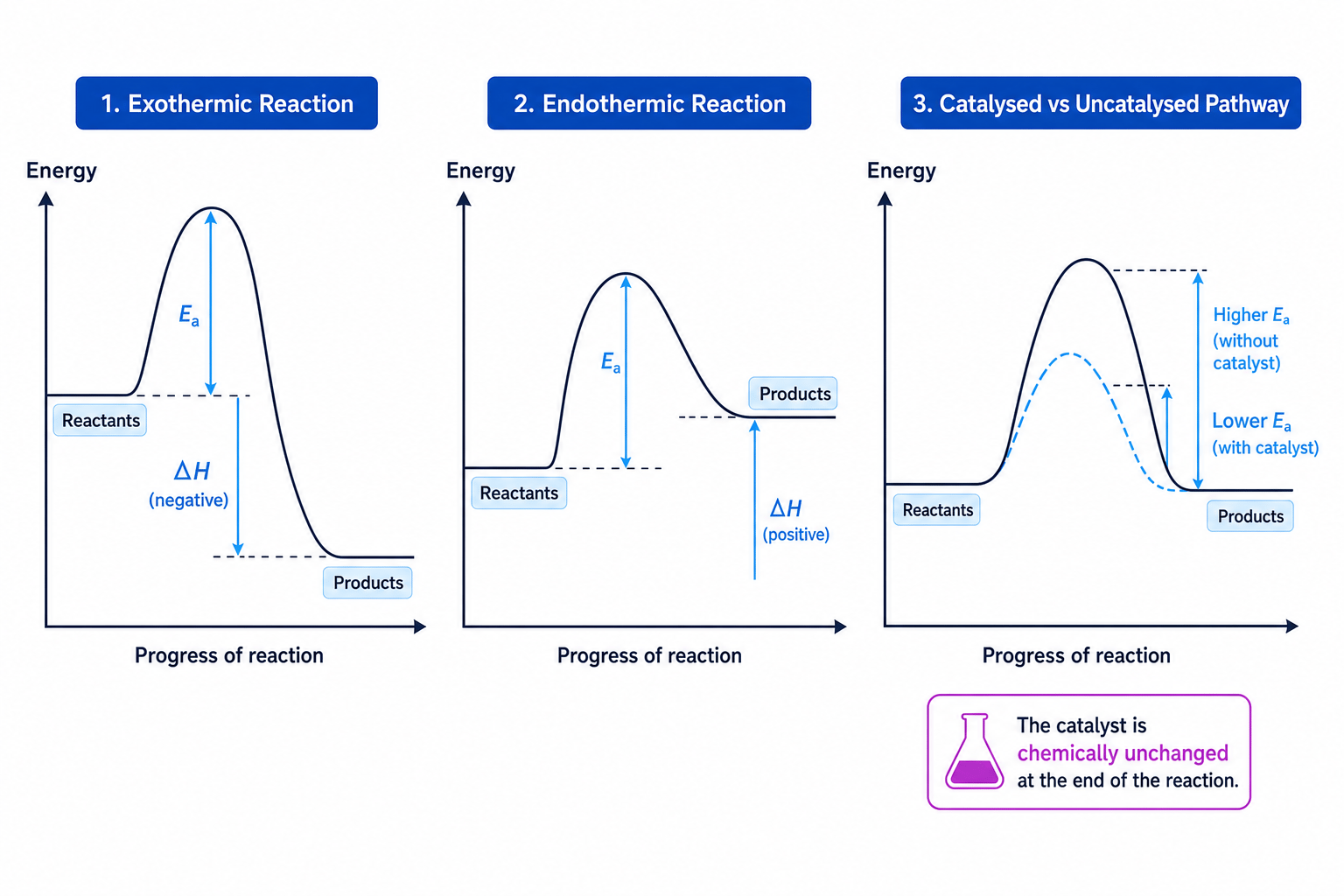 Reaction profile diagrams showing activation energy, delta H and the effect of a catalyst