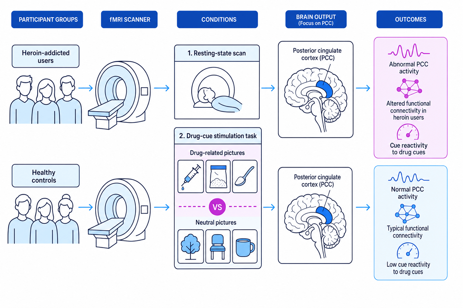 Schematic of Li et al. (2013) showing heroin-addicted users and controls undergoing fMRI during rest and drug-cue tasks, with PCC outcomes highlighted