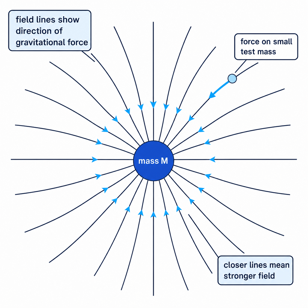 Gravitational field lines around a spherical mass point inward and are closer together where the field is stronger