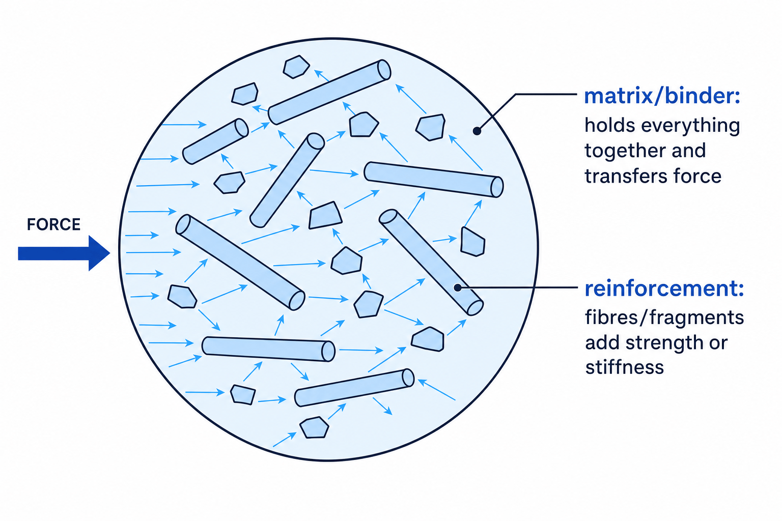 Diagram of a composite showing a matrix or binder surrounding reinforcement fibres and fragments