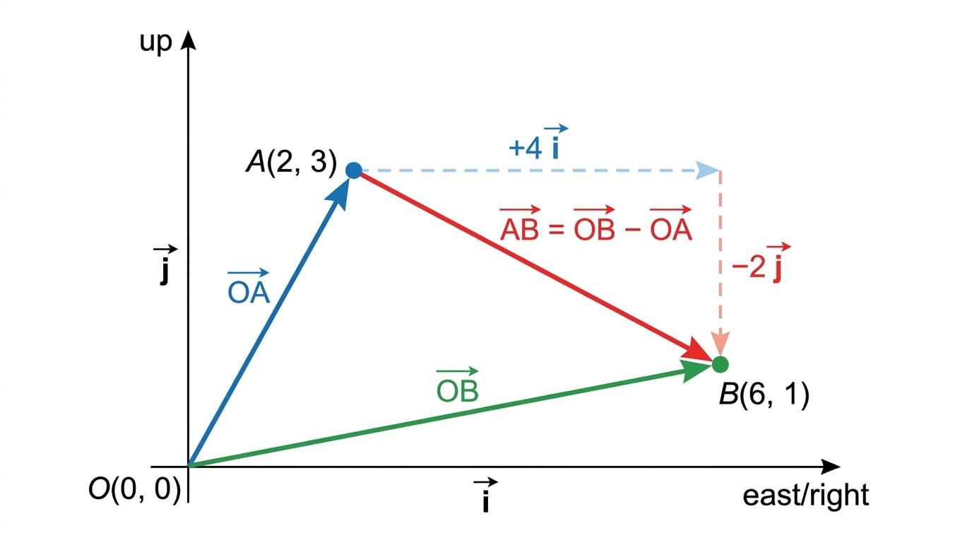 Diagram showing position vectors OA, OB and displacement AB