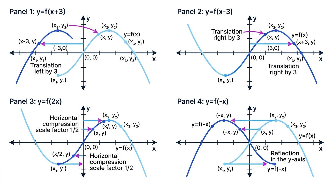 Inside graph transformations showing horizontal translations, a horizontal compression and a reflection in the y-axis